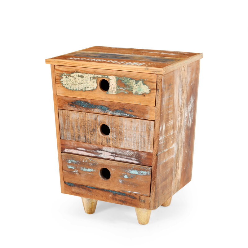 Charmante table de chevet en bois recyclé avec trois tiroirs pour la chambre à coucher et le salon