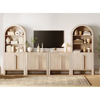 Meuble télé de 126 po avec bibliothèque Mid-Century moderne avec bibliothèque pour téléviseur de 70 po ou moins, grand meuble audio-vidéo avec meuble de rangement, console de télévision avec portes pour le salon et la chambre à coucher