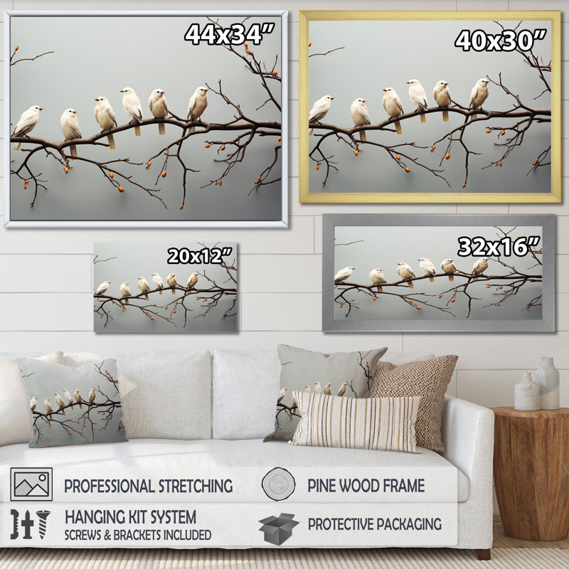 Reproduction d'art sur toile Contemporary Bird of Birds On Branch, Cadre naturel flottant, H 12 po x l 20 po x P 1 po