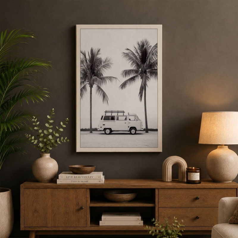 Camper Between Palms Minimalist 1 Piece Wrapped Canvas Wall Art, 24x16 - 61.0 x 40.6 cm, Black Border