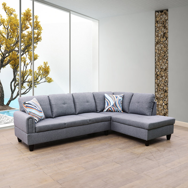 Anabrenda Upholstered L-Shaped Sectional, Right Hand Facing, Gray Linen Blend