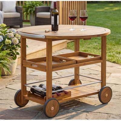 Chariot-bar d'extérieur en bois d'acacia avec plateau pliable et plateaux amovibles, chariot de service roulant pour patio, terrasse et cour arrière