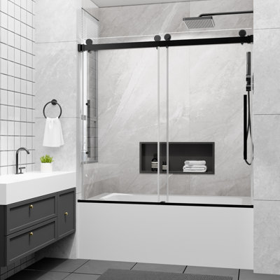 56-60 in. W x 58 in. H Semi-Frameless Double Sliding Tub Door, 1/4" Clear Tempered Glass, Matte Black