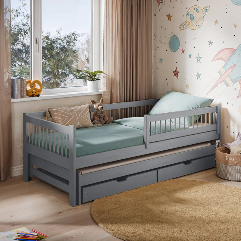 Wooden Bed Softi Graphite W194cm - Solid Pine Frame with Pull-Out Trundle & Dual Storage, Grey