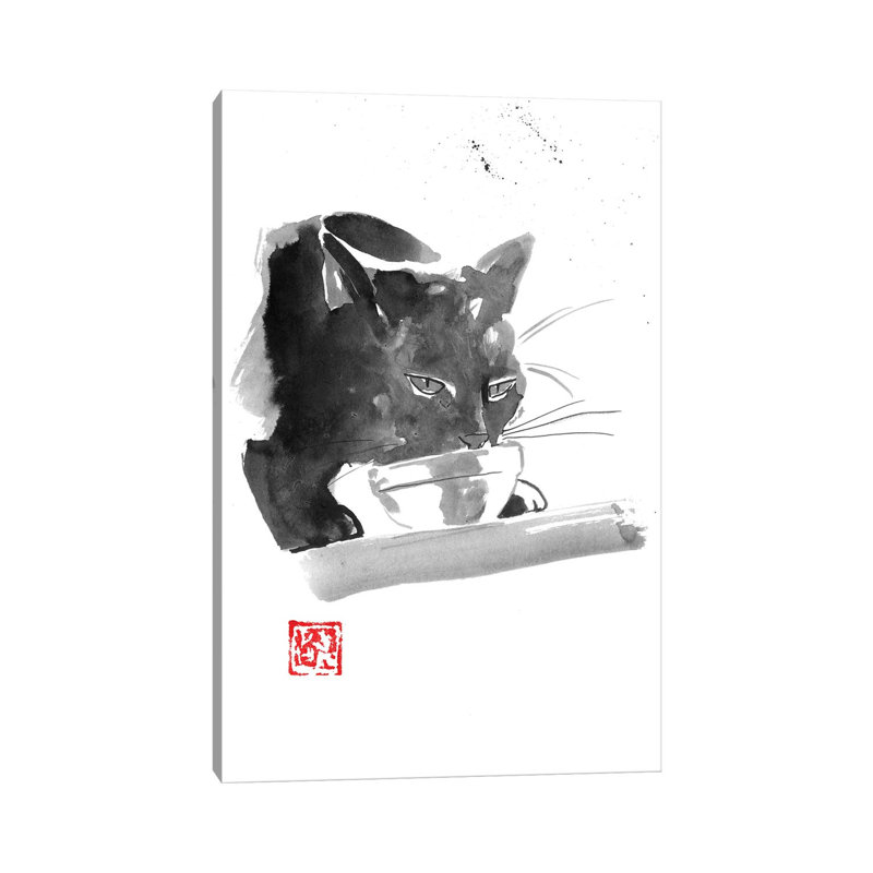 Drinking Cat by Péchane - Painting on Canvas, Wrapped Canvas, 20.32 cm H x 30.48 cm W