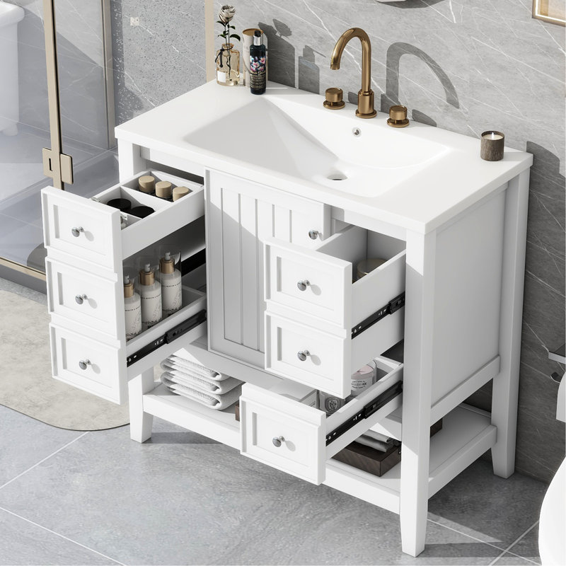 Meuble-lavabo blanc de 36 po, lavabo en céramique et bois massif en peuplier d'hévéa, une armoire, trois tiroirs, finition peinte, emplacement de lavabo encastré au centre, tablette réglable à rebord plat de 36 po, fixation pour robinet de 4 po