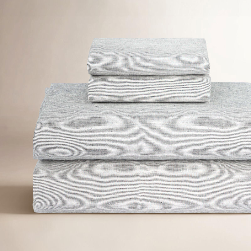 100% French Linen Sheet Set, Queen Sheet Set with 2 Pillowcases, Shadow Pinstripe