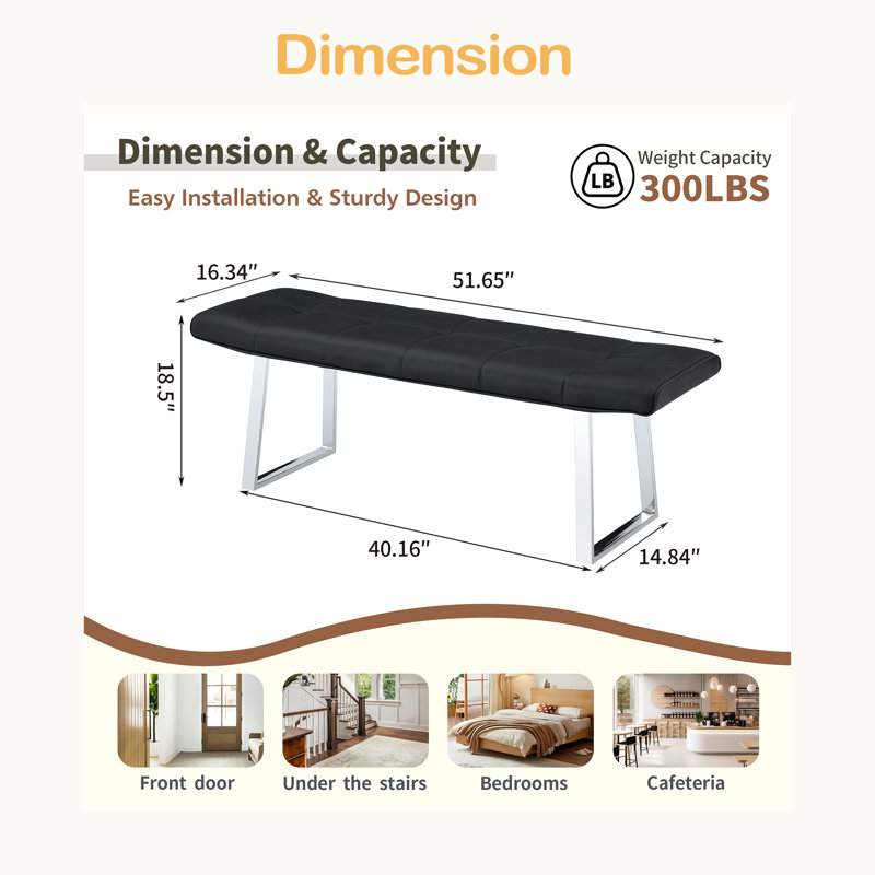 Banc de salle à manger pour 2-3 personnes, banc rembourré en cuir de qualité supérieure, coussin en éponge à haute résilience, poutre en métal renforcée au centre du coussin, pieds électroplaqués arqués