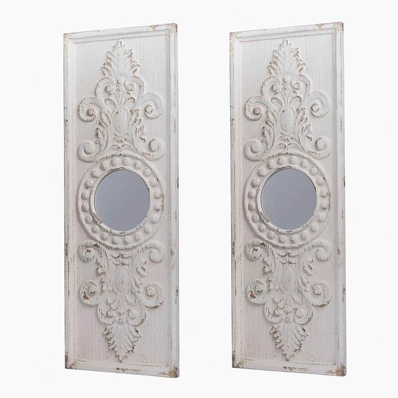 2 ensembles de grands panneaux de décoration murale en bois, avec une finition de peinture blanche usée et des accents de miroir circulaire, taille 17 po x 48 po