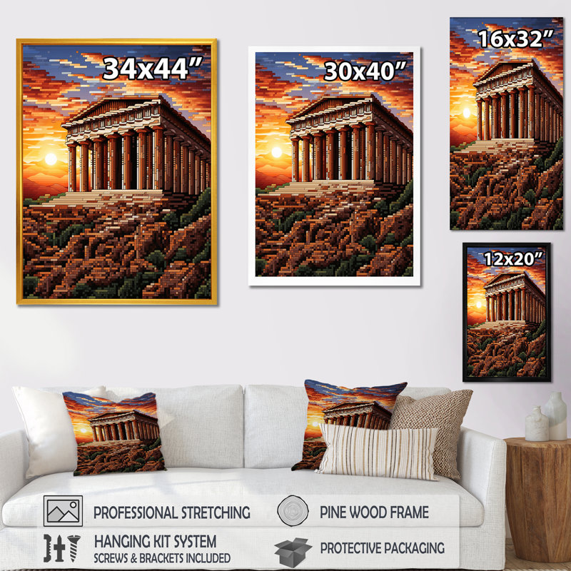 Parthénon antique de la Grèce impressionniste - Grèce, art mural, Cadre simple argenté, H 44 po x l 34 po x P 1,5 po