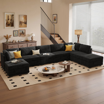Benevides Modular Combination Sofa, Large L-Shaped With Ottoman, Corduroy With Spring-Wrapped Cushions, With A Capacity Of 8 Seats, Comfortable Living by Mercer41