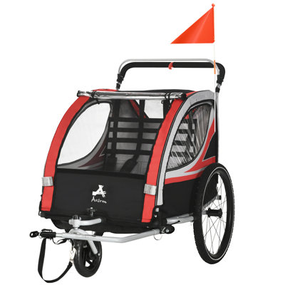 Aosom 2-In-1 Walk/Ride Child Baby Bike Trailer For Kids 2 Seater, High-Visibility Bike Stroller For Toddler Wagon, Weather-Strong Double Bicycle Trailer Accessory For Kids
