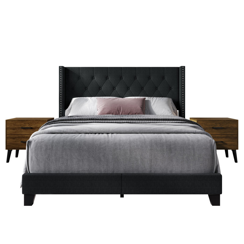 Castle Place Full Wingback Bed Set with Two Nightstands, Charcoal Grey Linen, Charcoal Grey, Queen