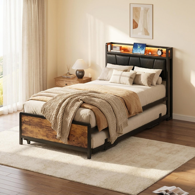 Daybed with Pop-Up Trundle Bed, Upholstered Headboard, Storage Shelf, Locking Wheels, Lights and Charging, Convertible Design for Flexible Sleeping and Space-Saving