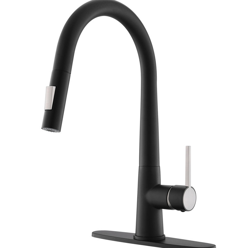 Pull Out Kitchen Faucet, Black, Single Handle, Deck Plate Included, Contemporary, Ceramic Filler, Brass Faucet For Kitchen, Black Color, Plate, Filled,