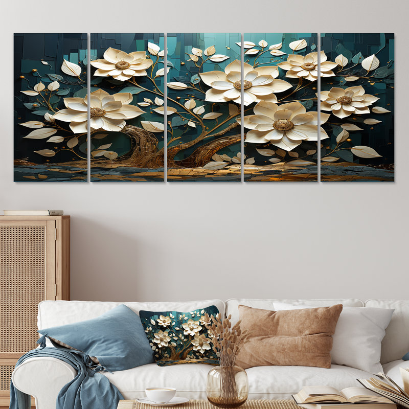 Ensemble de 5 pièces d'art mural blanc et bleu, H 28 po x l 60 po