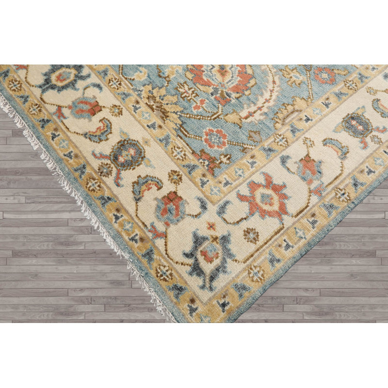 Tapis oriental multicolore en laine tissé à la main bleu, Rectangle l 8 pi x L 10 pi 3 po