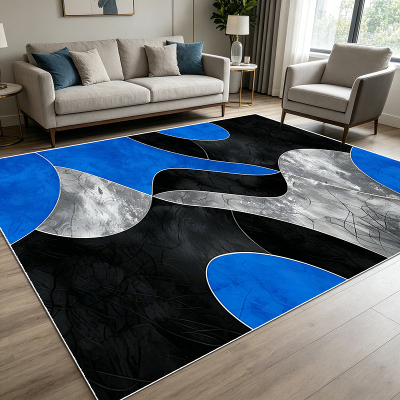 1PC Modern Abstract Wavy Irregular Blue Black Grey Contour Art area rugs for Living Room, Soft and Comfortable, Suitable for all seasons, easy-to-maintain, machine washable Indoor floor mat, Under Table Farmhouse suitable for living room, bedroom,