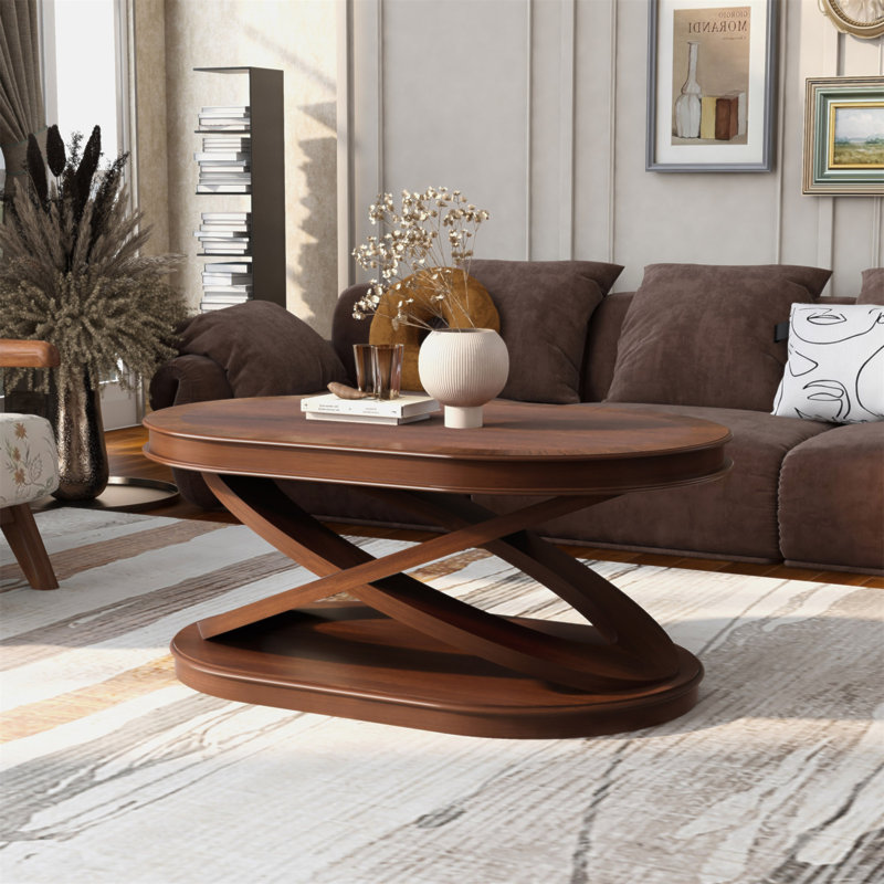 Table basse ovale en bois de 44 pouces avec base en forme de X, table de cocktail avec rangement ouvert, table de centre de canapé pour le salon, bureau à domicile