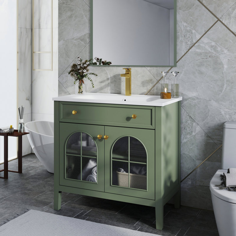 Meuble-lavabo autoportant avec tablette de rangement, Vert