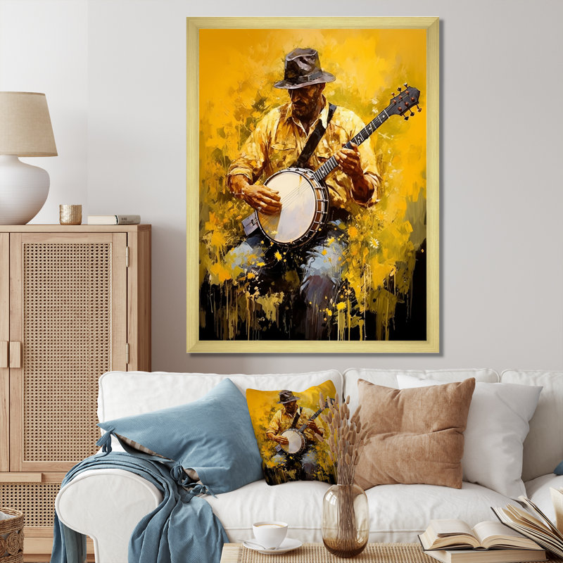 «Music Banjo Bliss Sunny Yellow», reproduction sur toile, Cadre doré simple, H 32 po x l 24 po x P 1 po