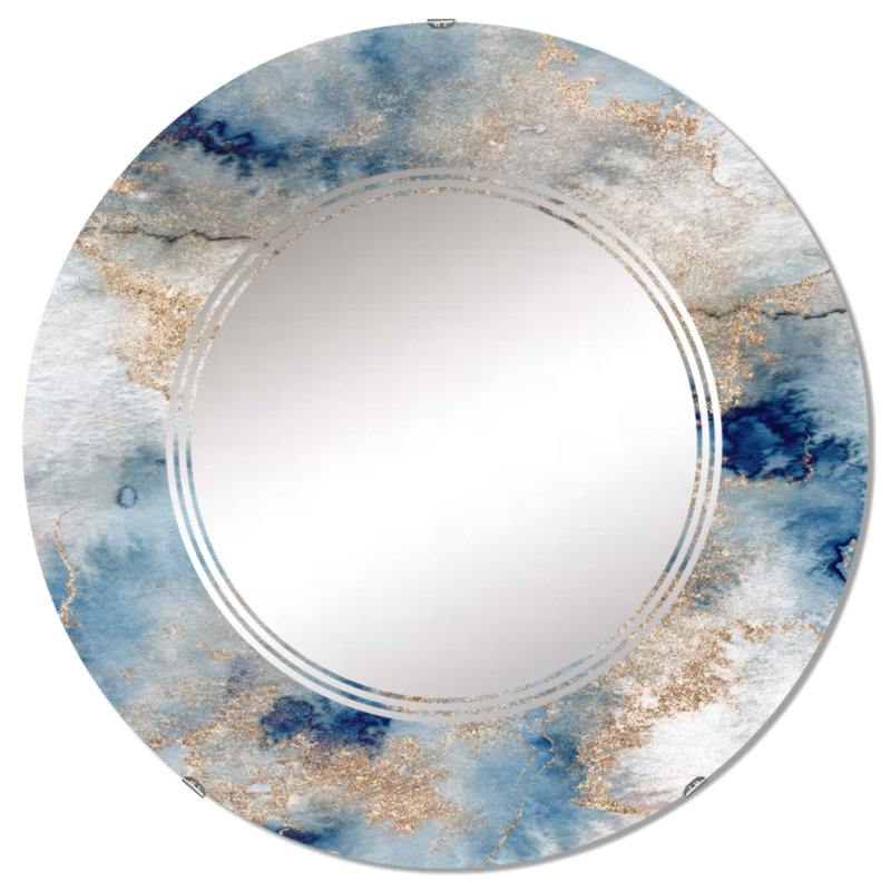 Blue Gold Marble Clouds Wall Mirror, Modern Round - Blue And Gold Marble Clouds I, 24" x 24"