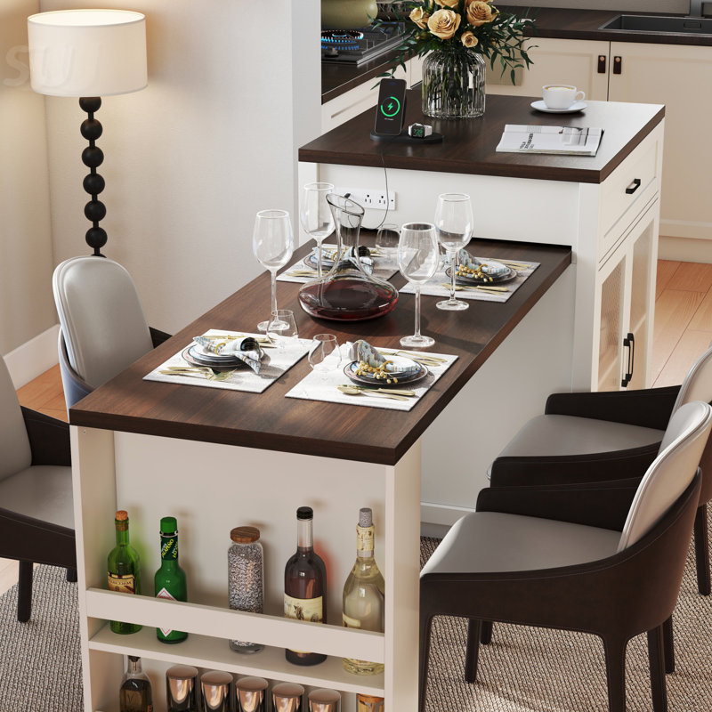 Îlot de cuisine extensible avec table coulissante, supports de rangement et portes en verre trempé pour un repas et une organisation polyvalents