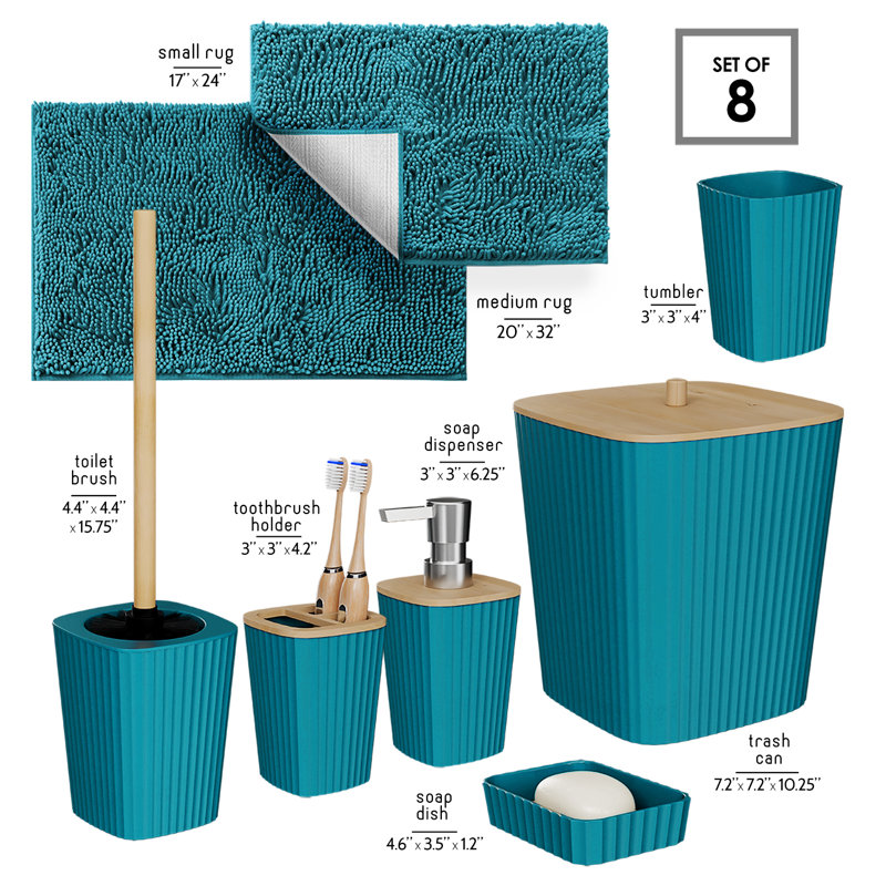 Ensemble complet d'accessoires de salle de bain 8 pièces avec accents en bambou, poubelle, brosse de toilette et 2 tapis de bain inclus