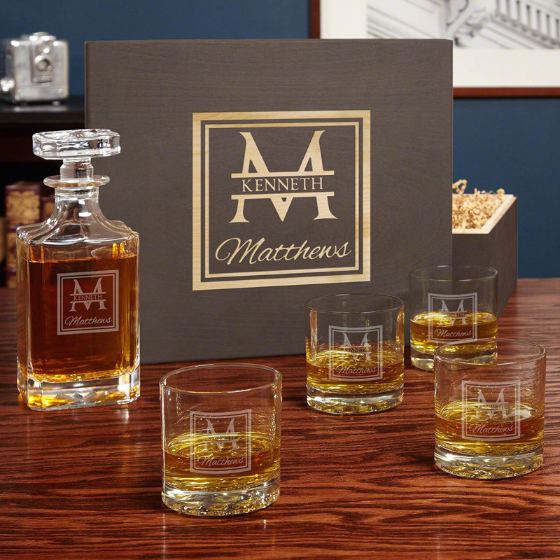 Drew Personalized Whiskey Decanter Gift Set With Maple Box, 5 pc, Yes