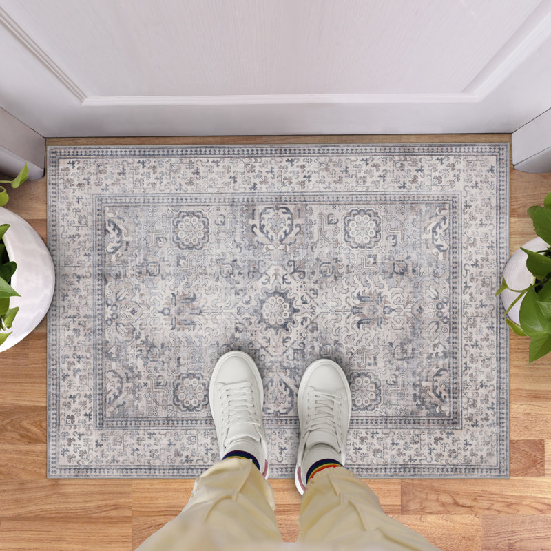 Nel Paz Border Beige Gray Ivory Machine Washable Area Rugs, Rectangle 2' x 3'
