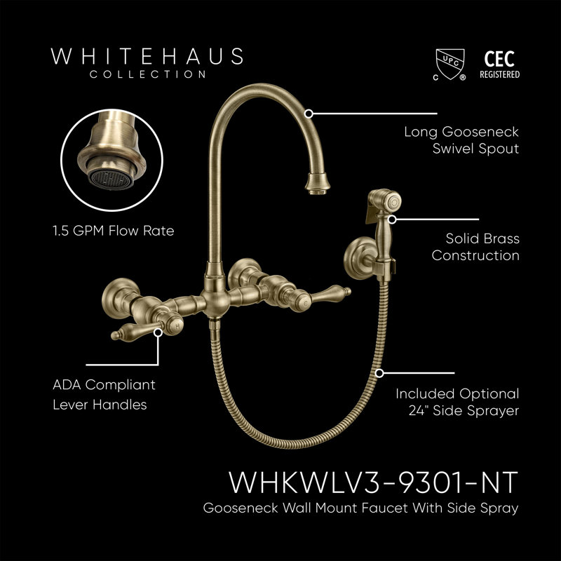Whitehaus Collection Wall Mount Faucet with Gooseneck Swivel Spout and Solid Brass Side Spray, Antique Brass, Lever Handles