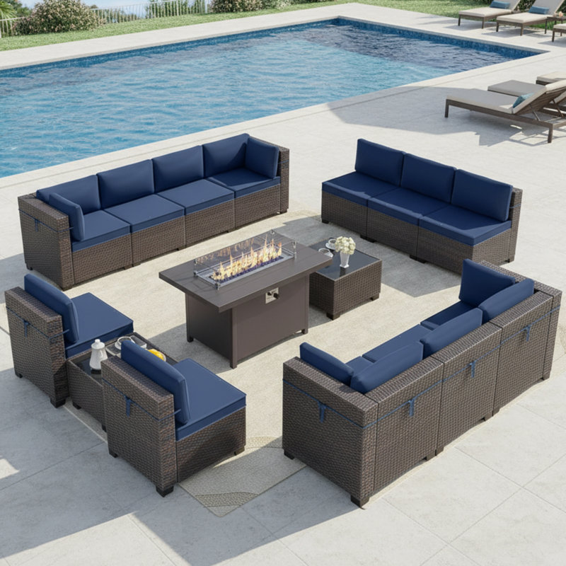 12 - Person All-Weather Rattan Outdoor Patio Set With Cushions And Fire Pit Table, Navy