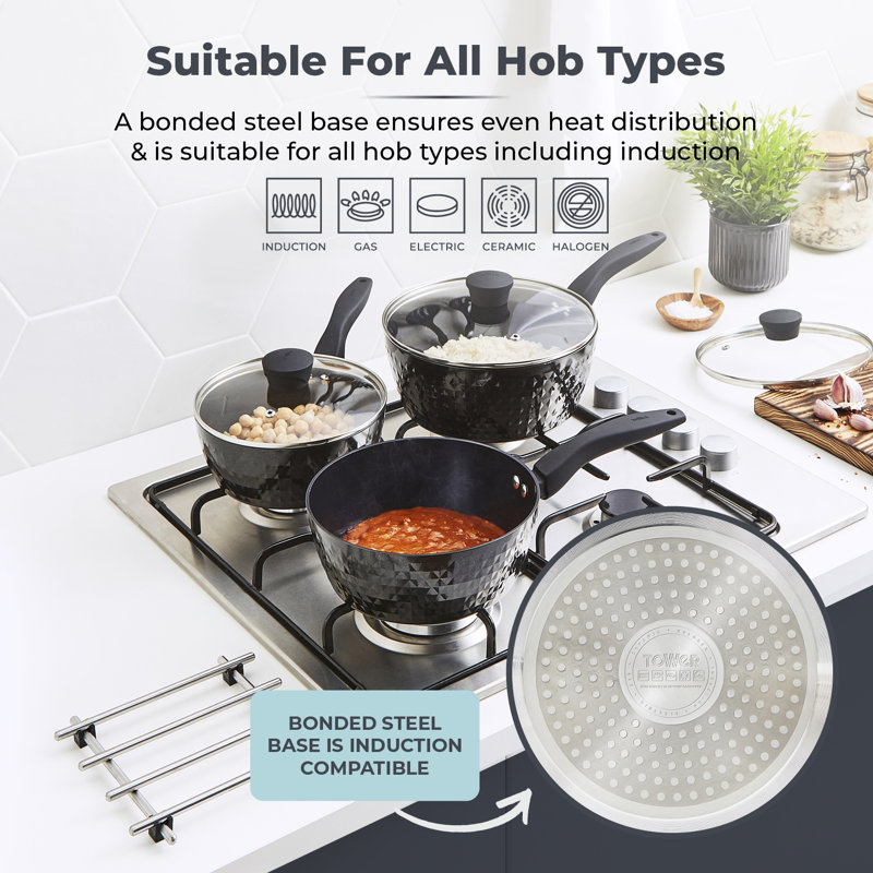 Tower T900131 TowerDiamo 3 Piece Cookware Set, 18cm/20cm/22cm Saucepans with Tempered Glass Lids, Black Diamond Non-Stick Ceramic Coating, Black
