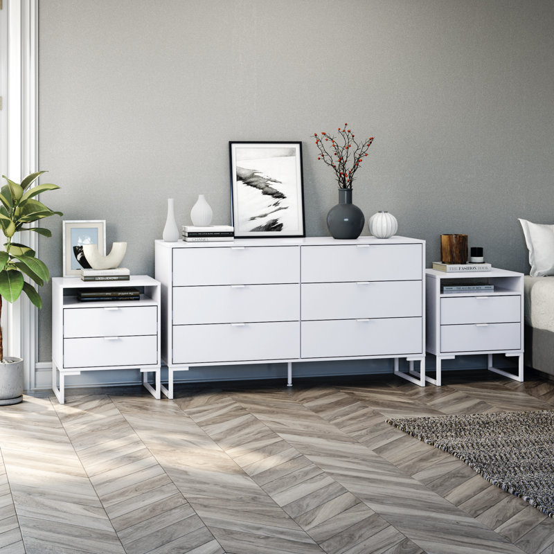 Ensemble de chambre à coucher moderne 3 pièces avec commode à 6 tiroirs et deux tables de chevet l 57 po Neptunia, Blanc