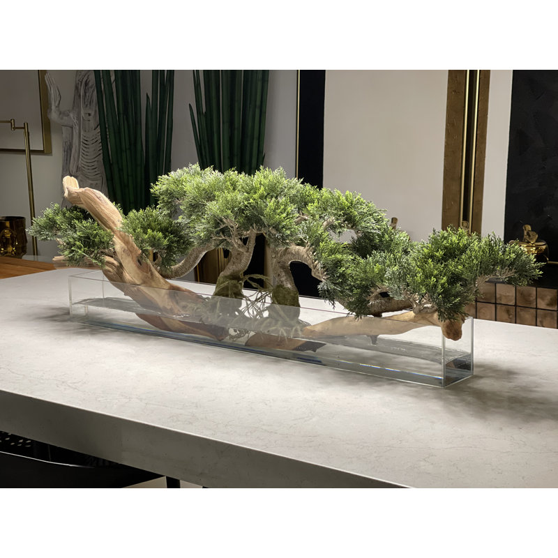 Faux Bonsai Tree in Planter, Light Green, 10" H x 52" W x 8" D