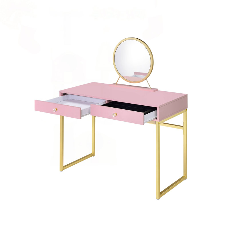Bureau de coiffeuse élégant avec plateau à bijoux, cadre doré et miroir rond, Or / rose