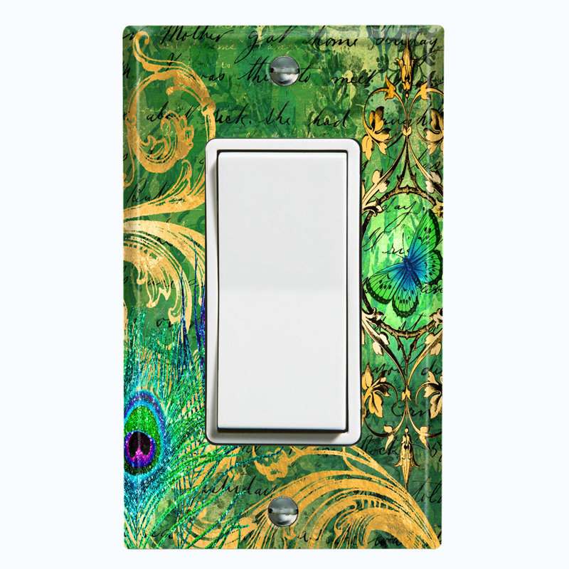 Metal Light Switch Plate Outlet Cover (Peacock Feather Butterfly  - Single Rocker), Green