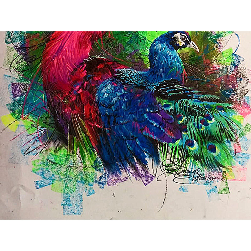 Paire de paons | Pastels à l'huile sur papier | Peinture murale décorative