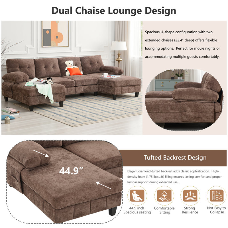 Canapé modulaire en chenille de 103,5 po en U - méridienne double avec poches de rangement et coussins d'accoudoirs, capacité de 250 lb