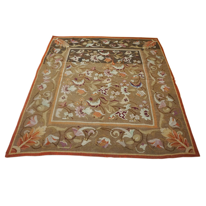 Brown Earth Tone Color Small Size Antique Square Shape Flat Woven Floral French Aubusson Rug