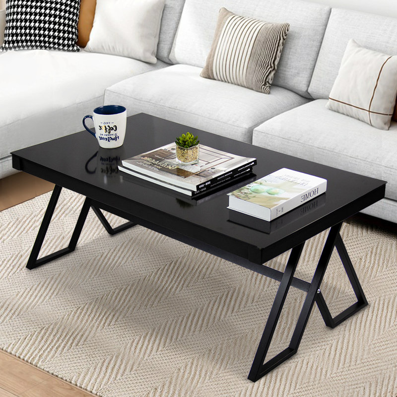 Table basse en verre trempé ultrabrillant avec pieds géométriques en forme de V, centre de table rectangulaire moderne minimaliste