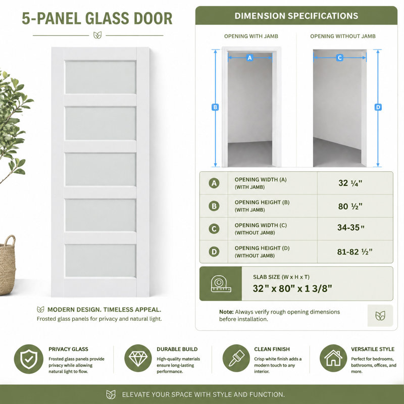 Porte intérieure française en verre givré 5-Lite ZHOWI 32 po x 80 po, dalle en panneau de fibres à densité moyenne unie préassemblée, blanc, quincaillerie non incluse