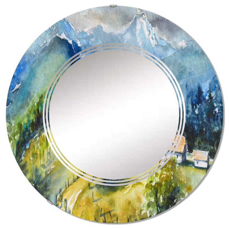 Chaînes de montagnes et ferme au premier plan - Miroir mural rond, 24 po x 24 po