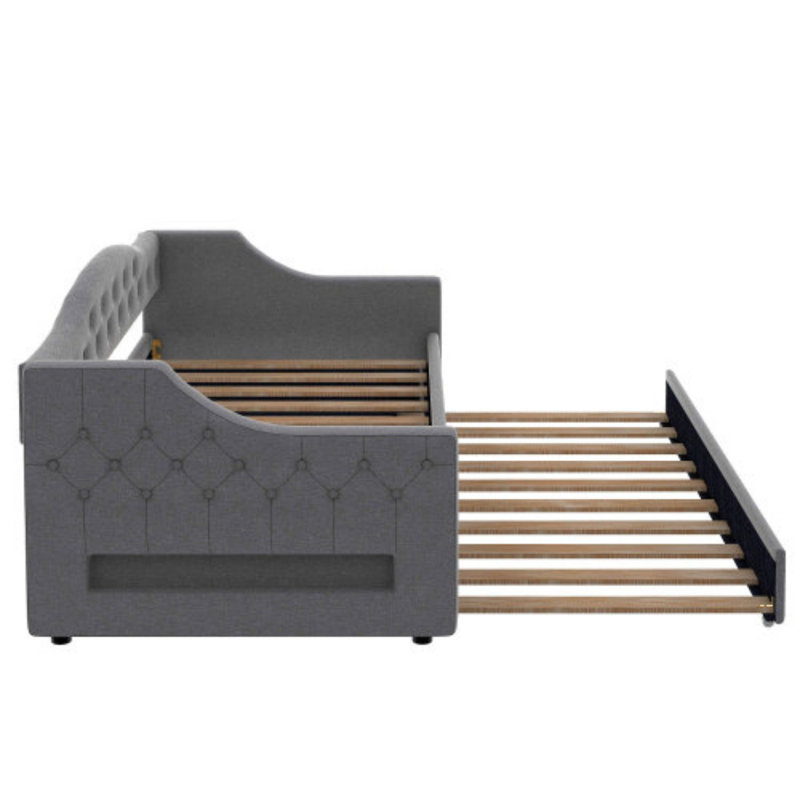 Upholstered Twin XL Daybed with LED Light Strip and Pull-Out Trundle – Gray Space-Saving Bedroom Furniture