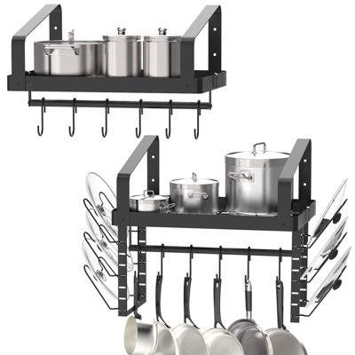 Pot Racks Wall Mounted Set Of 2,With Towel Bar And Pots Pans Lids Organizer, Kitchen Cookware Hanging Shelves With 12 Hooks, Black