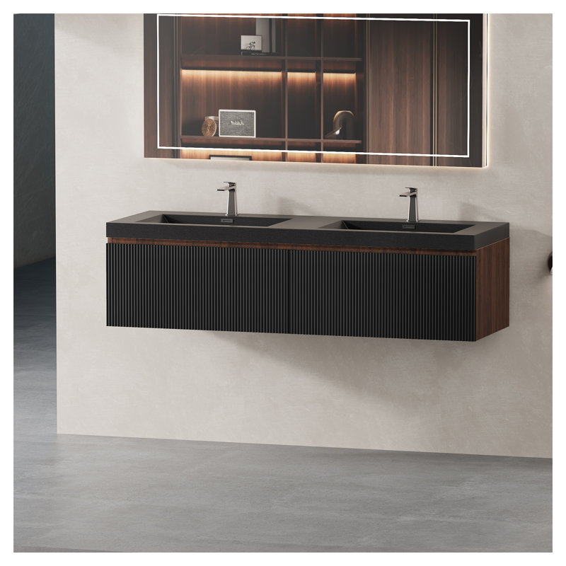 Meuble-lavabo suspendu de 60 po avec double lavabo, armoire de rangement murale en noyer fumé avec tiroirs à fermeture douce