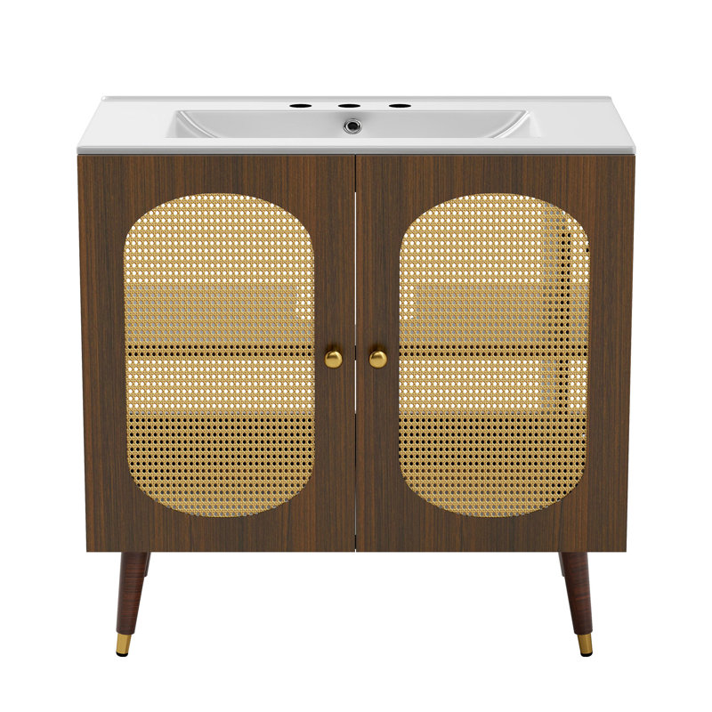 Meuble-lavabo sur pied en rotin 36 po avec lavabo en céramique 36 po, Brun