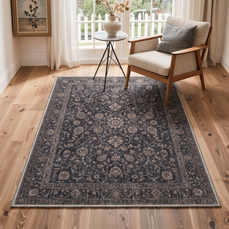 Tapis oriental bleu marine / brun lavable à la machine avec envers antidérapant, Rectangle 9 pi x 12 pi