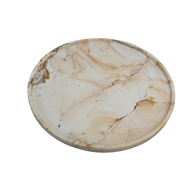 16” Round Teak Marble Serving Tray – Elegant Luxury Home & Kitchen Decor, 16"W x 0.5"D x 1"H