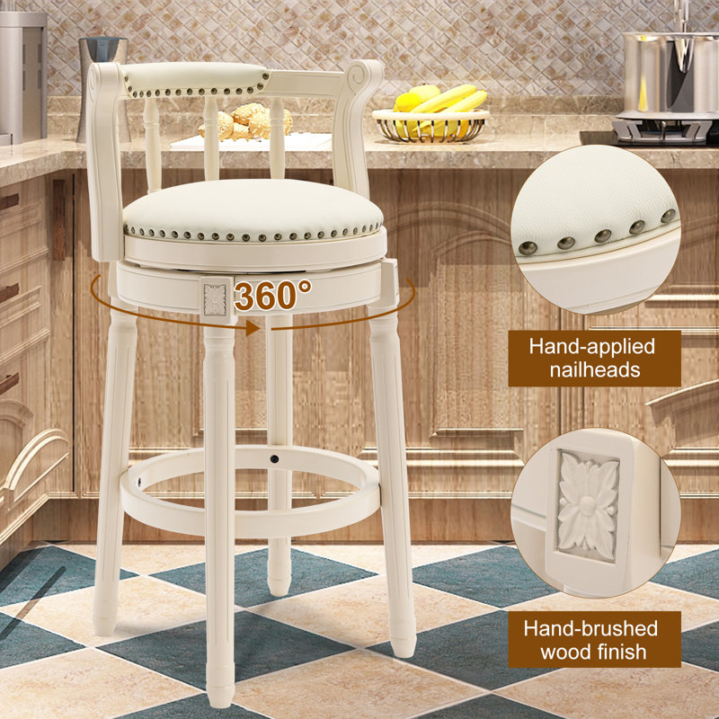 Cuir véritable pivotant Sturdivant, Cuir ivoire / cadre beige, Tabouret de comptoir (siège d'une hauteur de 26 p